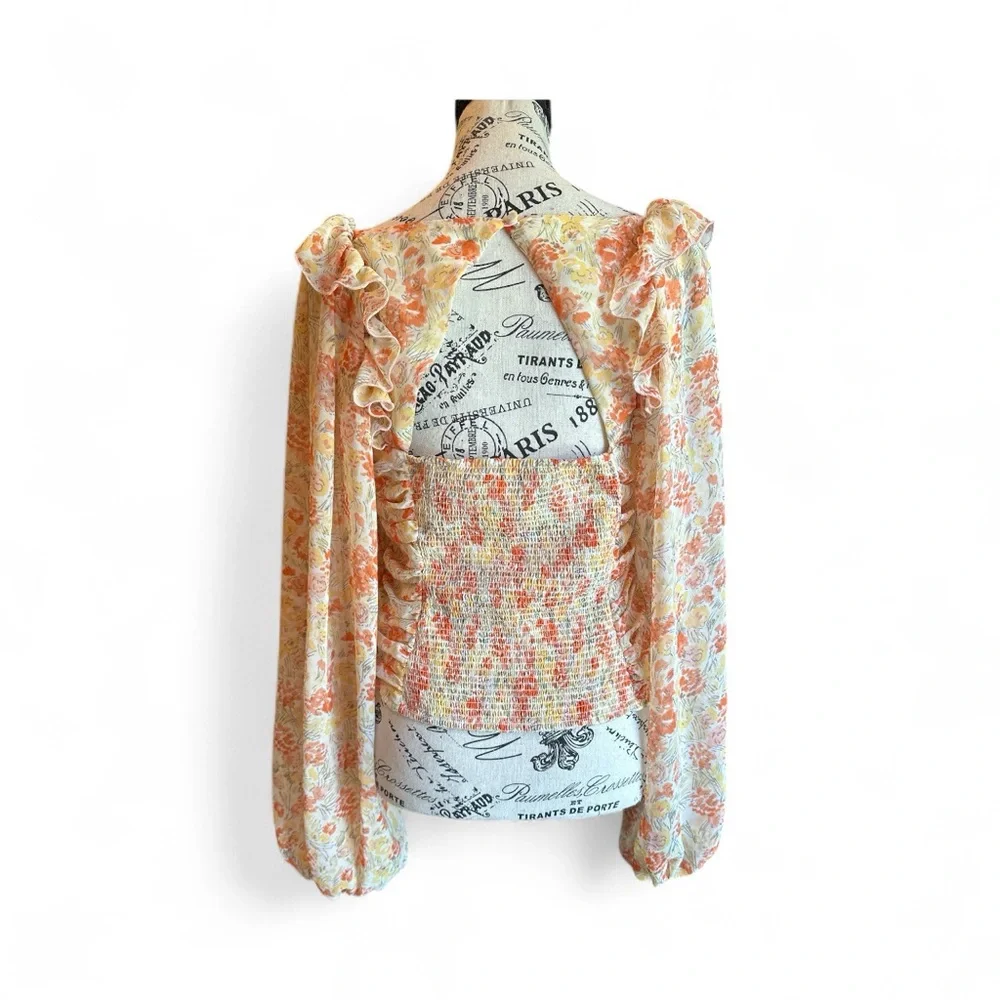 Free People Mabel Printed Blouse M Floral Sheer Sleeve Corset Fairy Ren-Faire
